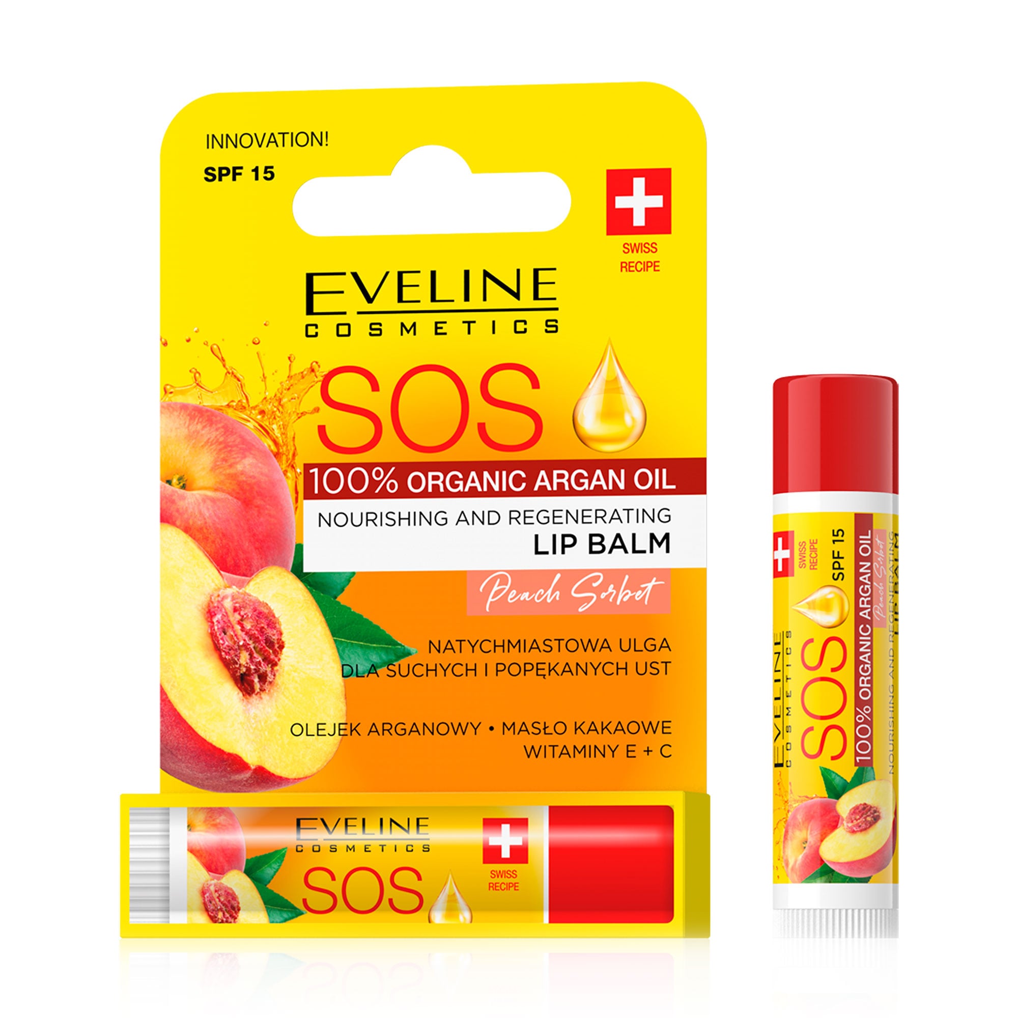 Відновлювальний бальзам для губ Eveline Cosmetics Argan Oil Sos SPF 15 Peach Sorbet, 4.2 г
